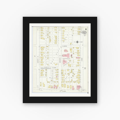 Old map wall art mockup — black gallery frame with white mat — Sanborn Fire Insurance Map from Urbana, Champaign County, Ohio (1910), Sheet #0008