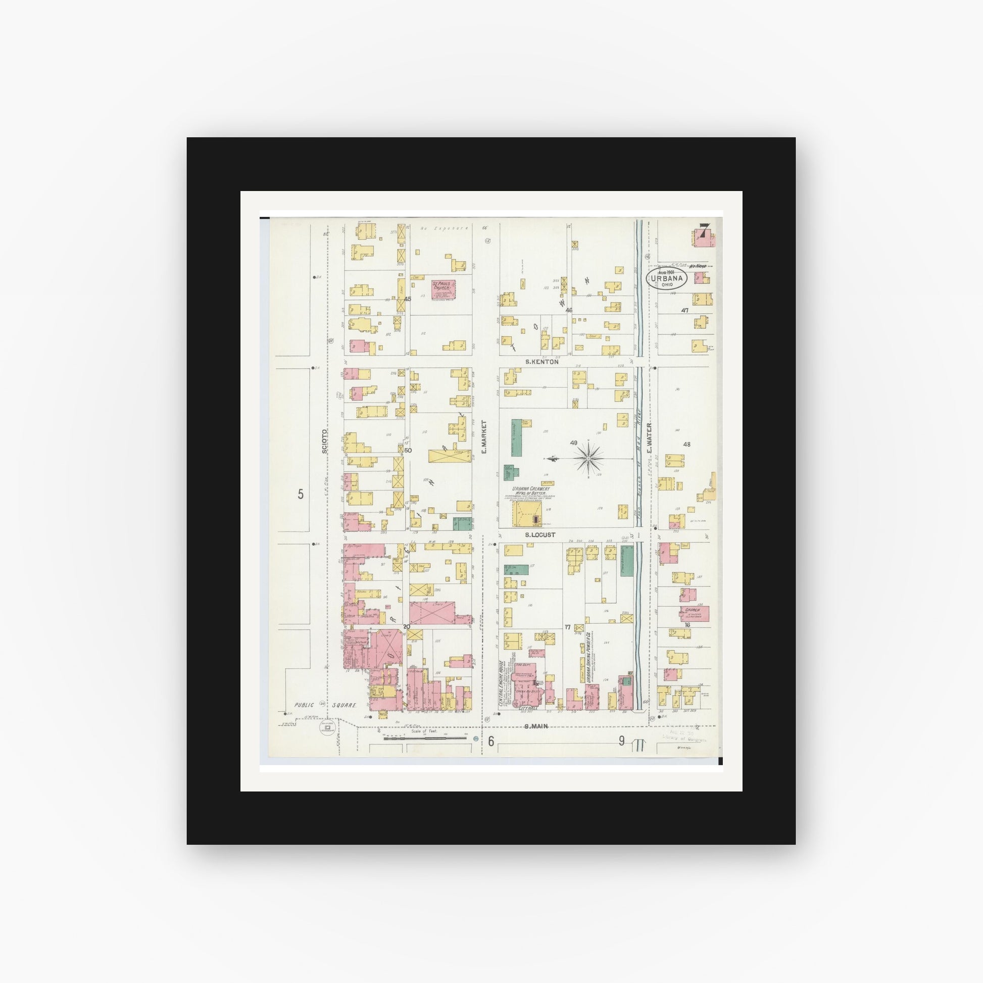 Old map wall art mockup — black gallery frame with white mat — Sanborn Fire Insurance Map from Urbana, Champaign County, Ohio (1901), Sheet #0007