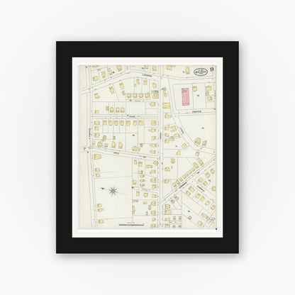 Old map wall art mockup — black gallery frame with white mat — Sanborn Fire Insurance Map from Melrose, Middlesex County, Massachusetts (1897), Sheet #0009