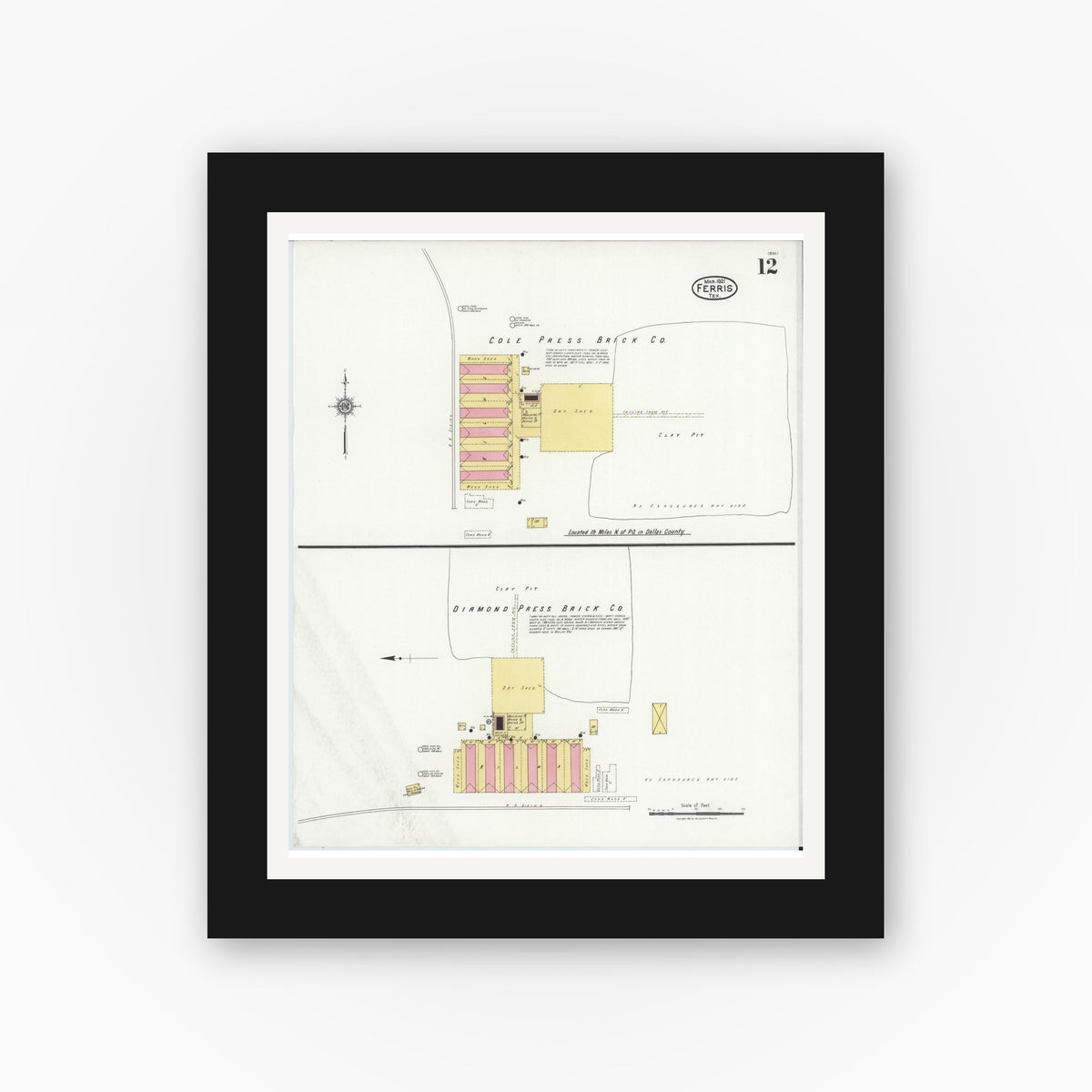 Old map wall art mockup — black gallery frame with white mat — Sanborn Fire Insurance Map from Ferris, Ellis County, Texas (1921), Sheet #0012