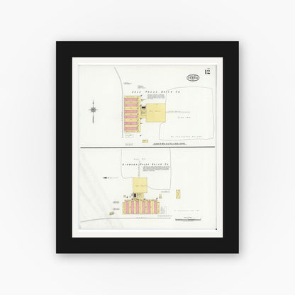 Old map wall art mockup — black gallery frame with white mat — Sanborn Fire Insurance Map from Ferris, Ellis County, Texas (1921), Sheet #0012