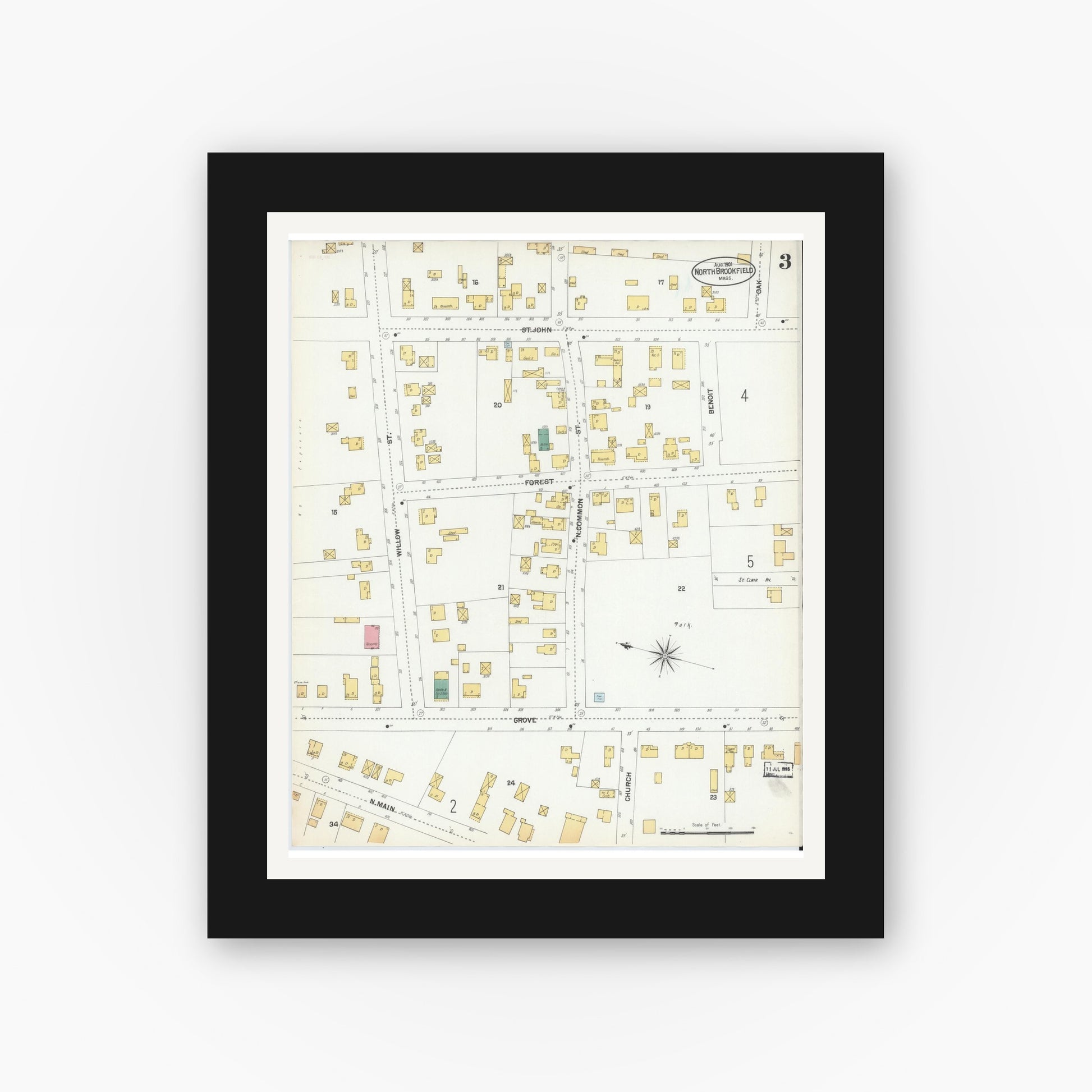 Old map wall art mockup — black gallery frame with white mat — Sanborn Fire Insurance Map from North Brookfield, Worcester County, Massachusetts (1901), Sheet #0003