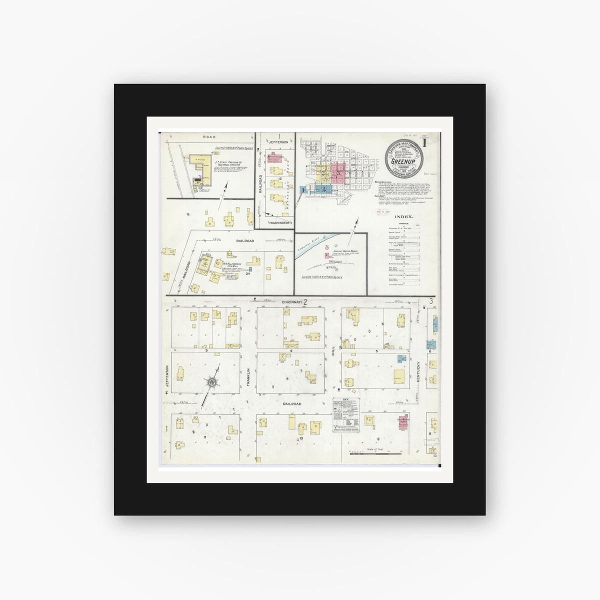 Old map wall art mockup — black gallery frame with white mat — Sanborn Fire Insurance Map from Greenup, Cumberland County, Illinois (1912), Sheet #0001