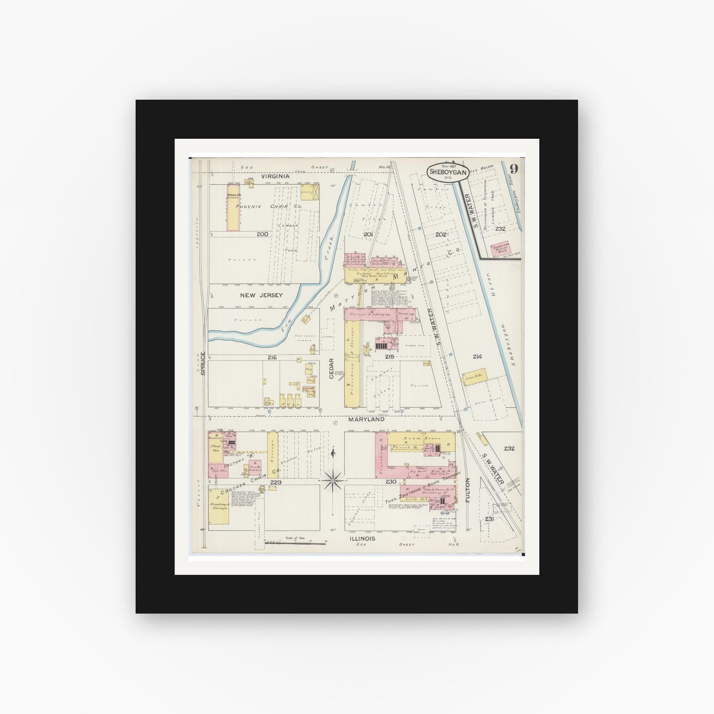 Old map wall art mockup — black gallery frame with white mat — Sanborn Fire Insurance Map from Sheboygan, Sheboygan County, Wisconsin (1887), Sheet #0009