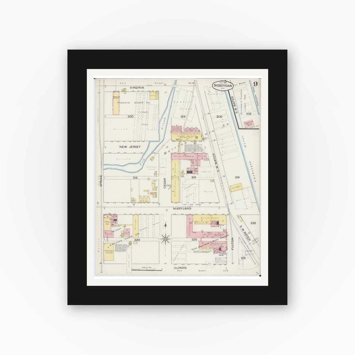 Old map wall art mockup — black gallery frame with white mat — Sanborn Fire Insurance Map from Sheboygan, Sheboygan County, Wisconsin (1887), Sheet #0009