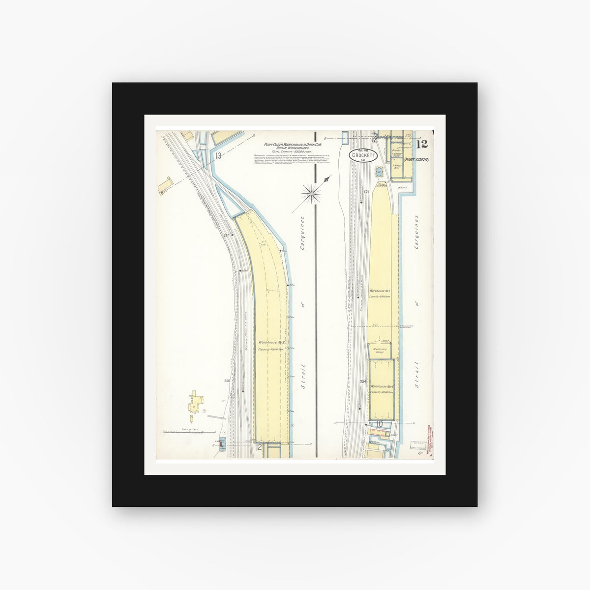 Old map wall art mockup — black gallery frame with white mat — Sanborn Fire Insurance Map from Crockett, Contra Costa County, California (1899), Sheet #0012