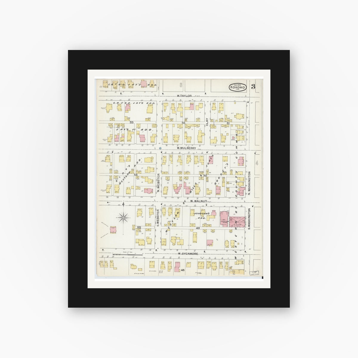 Old map wall art mockup — black gallery frame with white mat — Sanborn Fire Insurance Map from Kokomo, Howard County, Indiana (1892), Sheet #0003
