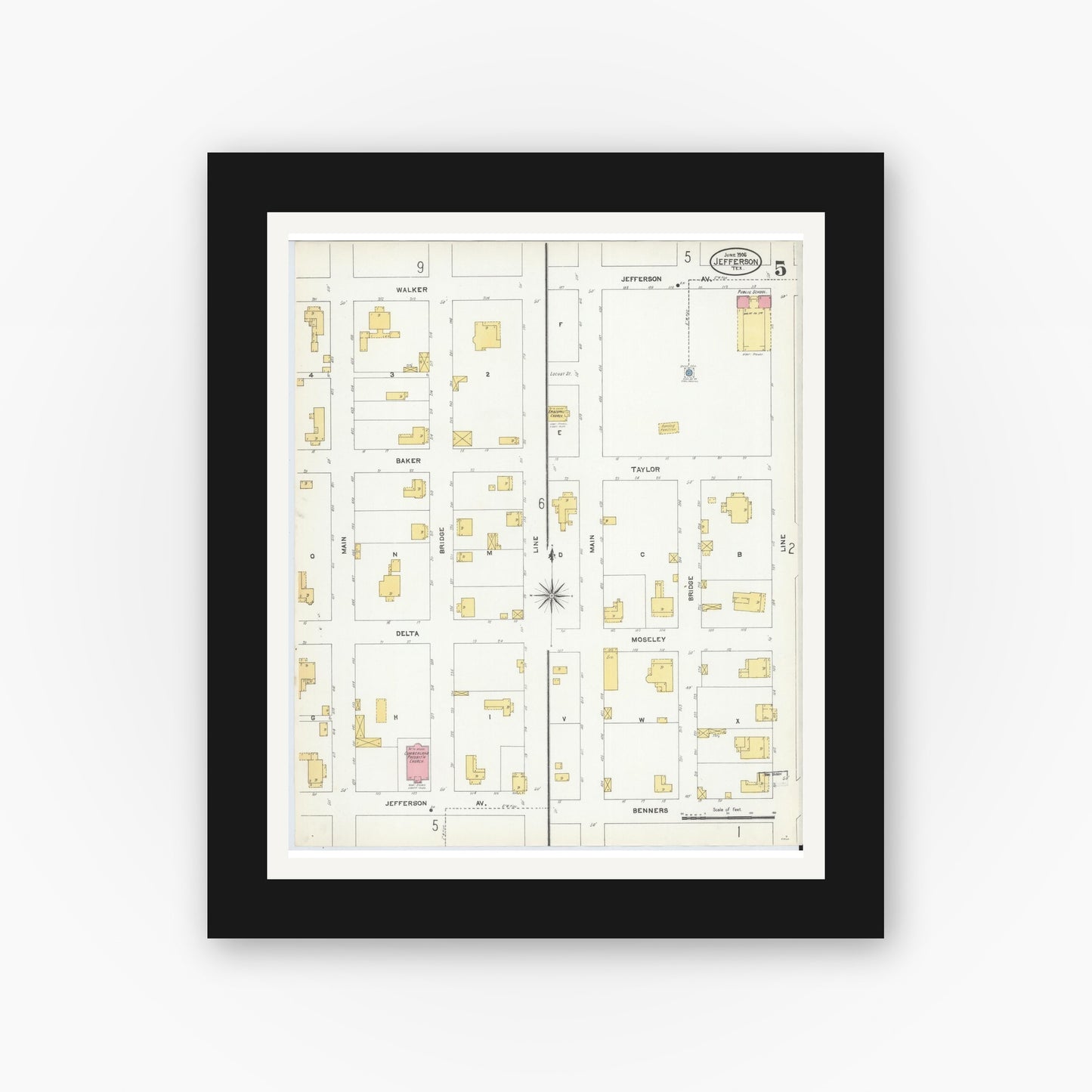 Old map wall art mockup — black gallery frame with white mat — Sanborn Fire Insurance Map from Jefferson, Marion County, Texas (1906), Sheet #0005