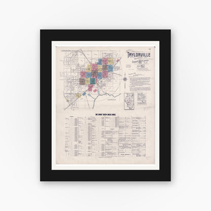 Old map wall art mockup — black gallery frame with white mat — Sanborn Fire Insurance Map from Taylorville, Christian County, Illinois (1922), Sheet #0001