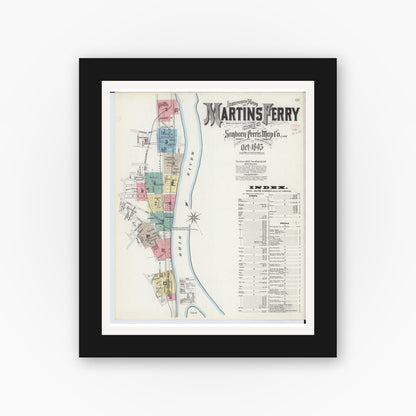 Old map wall art mockup — black gallery frame with white mat — Sanborn Fire Insurance Map from Martins Ferry, Belmont County, Ohio (1895) - Complete Map Set