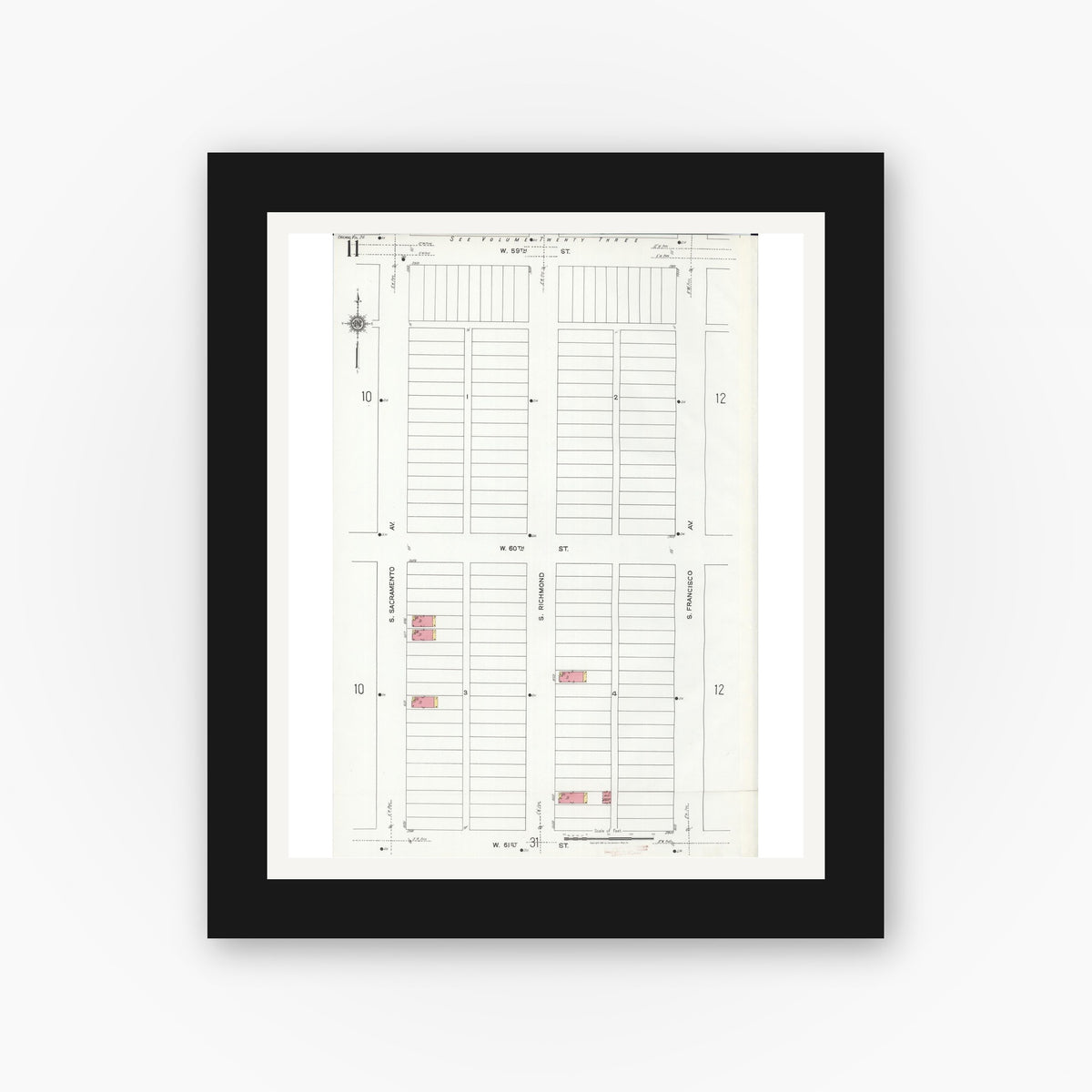 Old map wall art mockup — black gallery frame with white mat — Sanborn Fire Insurance Map from Chicago, Cook County, Illinois (1920), Sheet #0011