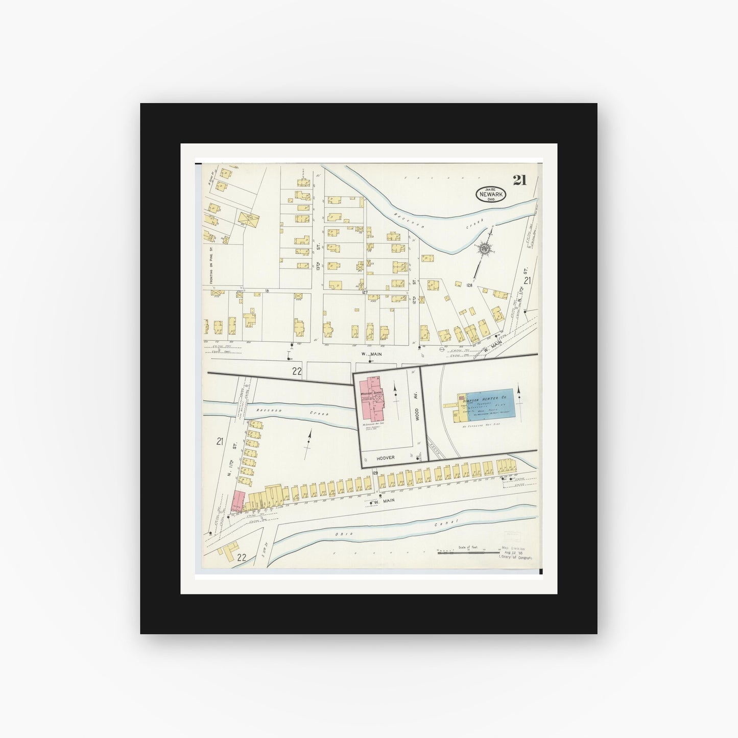 Old map wall art mockup — black gallery frame with white mat — Sanborn Fire Insurance Map from Newark, Licking County, Ohio (1912), Sheet #0021