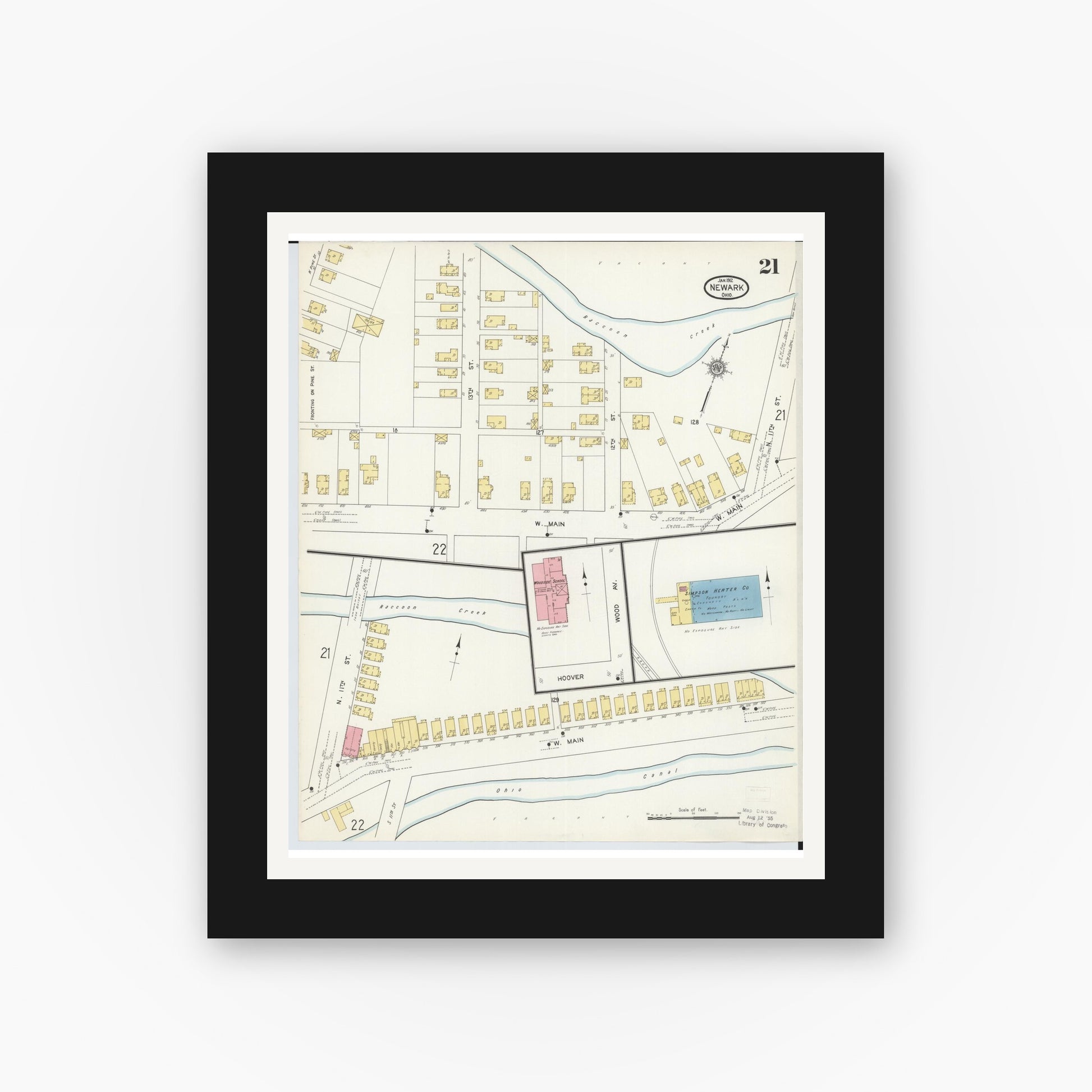Old map wall art mockup — black gallery frame with white mat — Sanborn Fire Insurance Map from Newark, Licking County, Ohio (1912), Sheet #0021