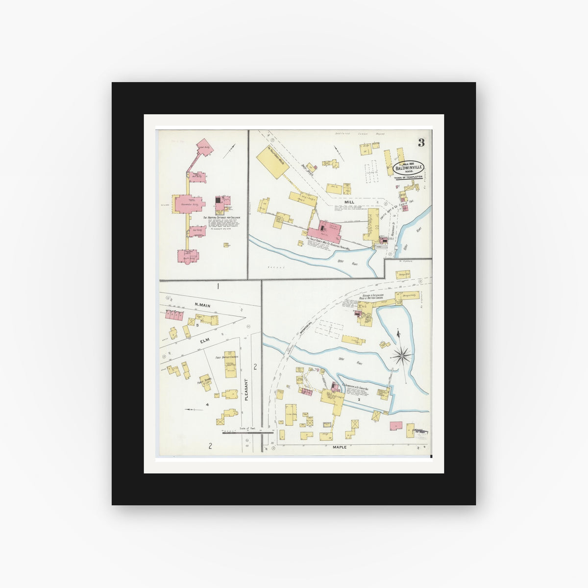 Old map wall art mockup — black gallery frame with white mat — Sanborn Fire Insurance Map from Baldwinville, Worcester County, Massachusetts (1905), Sheet #0003