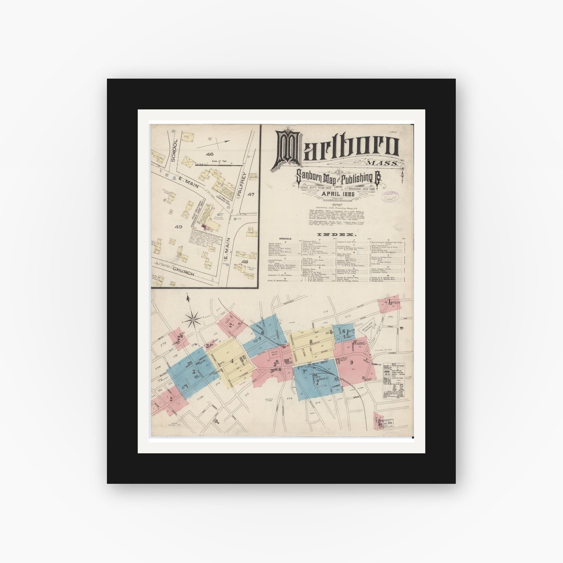 Old map wall art mockup — black gallery frame with white mat — Sanborn Fire Insurance Map from Marlborough, Middlesex County, Massachusetts (1885), Sheet #0001