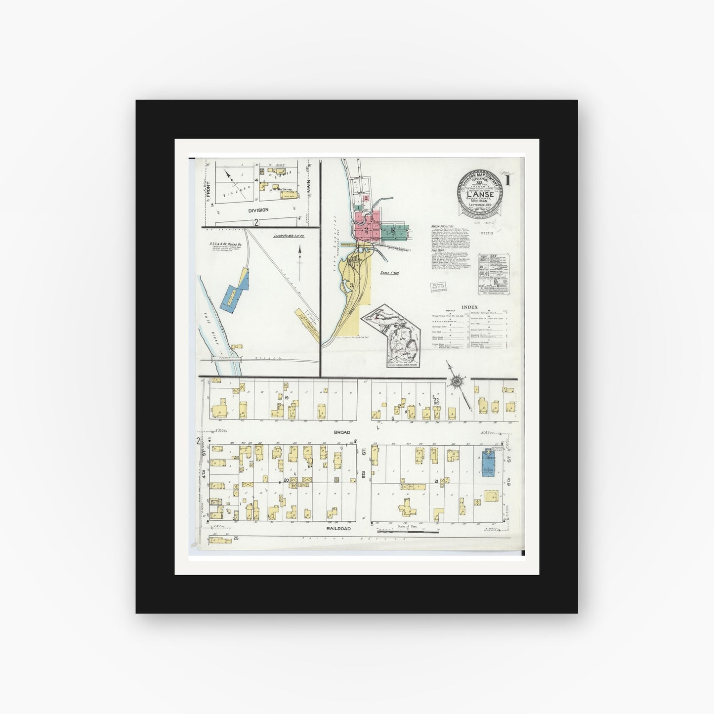 Old map wall art mockup — black gallery frame with white mat — Sanborn Fire Insurance Map from L'Anse, Baraga County, Michigan (1922), Sheet #0001