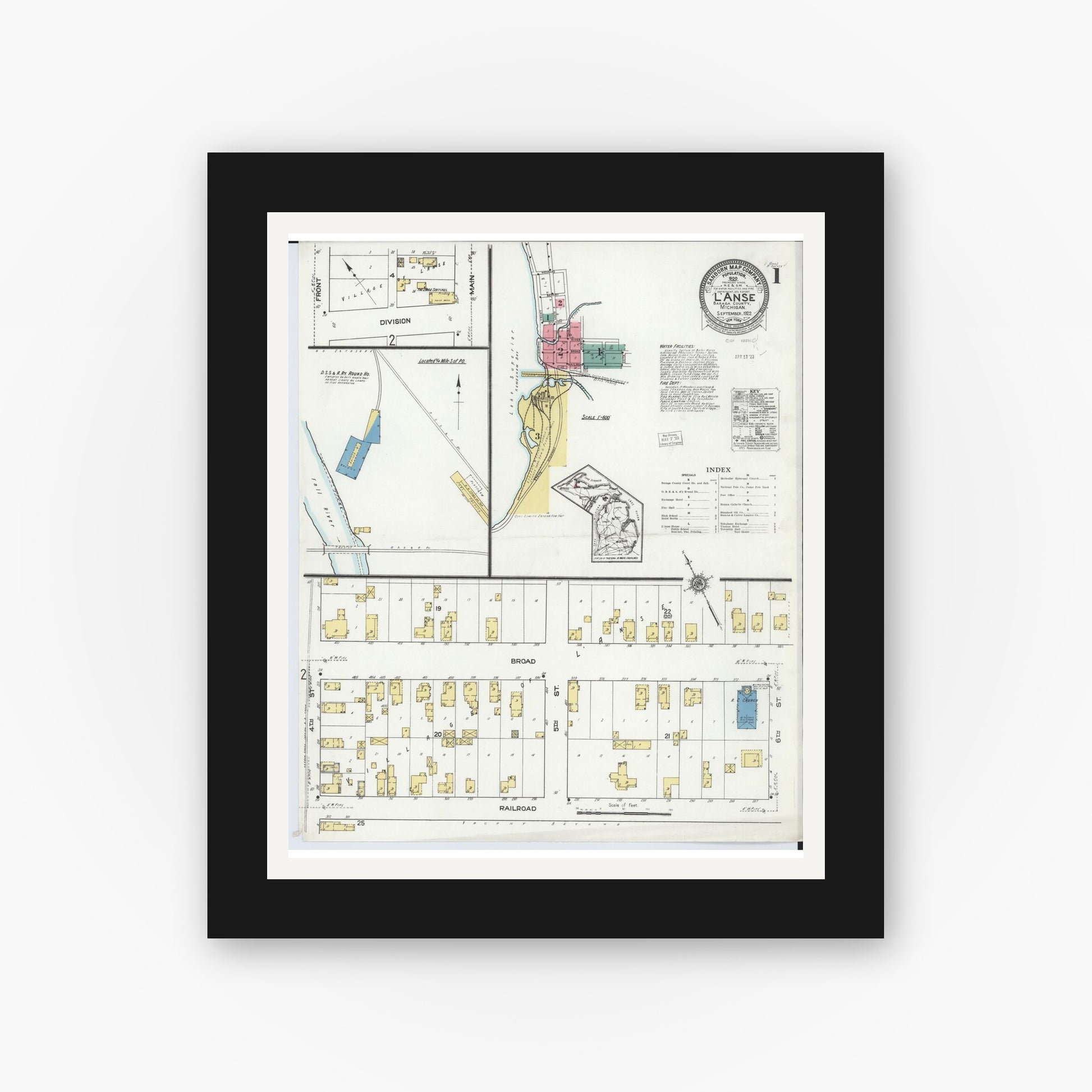 Old map wall art mockup — black gallery frame with white mat — Sanborn Fire Insurance Map from L'Anse, Baraga County, Michigan (1922), Sheet #0001
