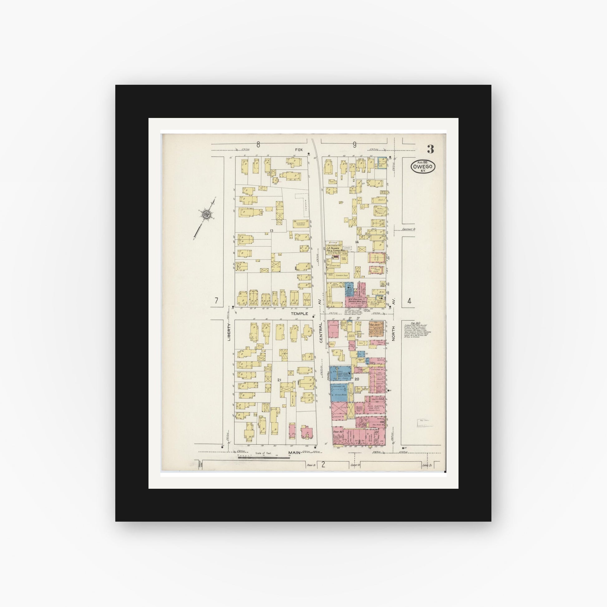 Old map wall art mockup — black gallery frame with white mat — Sanborn Fire Insurance Map from Owego, Tioga County, New York (1915), Sheet #0003