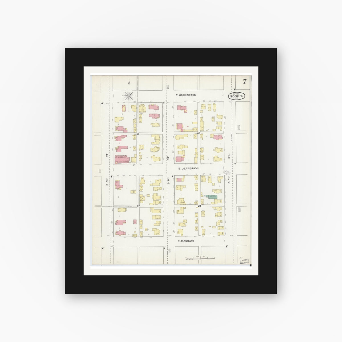 Old map wall art mockup — black gallery frame with white mat — Sanborn Fire Insurance Map from Goshen, Elkhart County, Indiana (1892), Sheet #0007