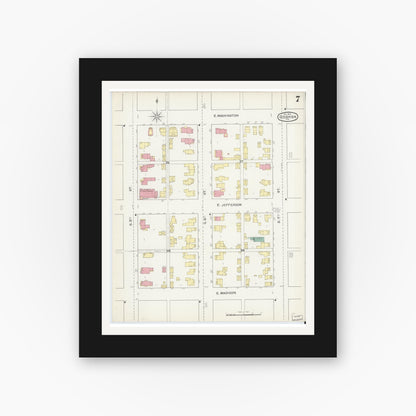 Old map wall art mockup — black gallery frame with white mat — Sanborn Fire Insurance Map from Goshen, Elkhart County, Indiana (1892), Sheet #0007