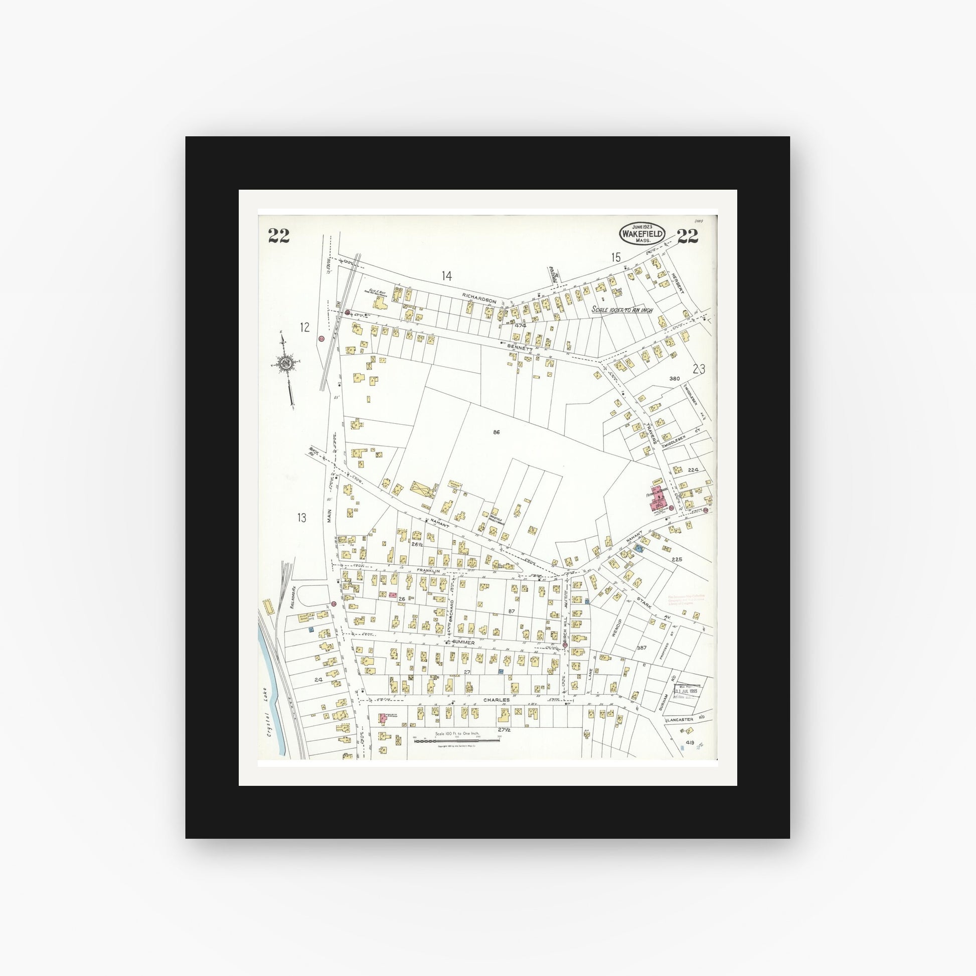 Old map wall art mockup — black gallery frame with white mat — Sanborn Fire Insurance Map from Wakefield, Middlesex County, Massachusetts (1923), Sheet #0022