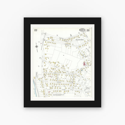 Old map wall art mockup — black gallery frame with white mat — Sanborn Fire Insurance Map from Wakefield, Middlesex County, Massachusetts (1923), Sheet #0022