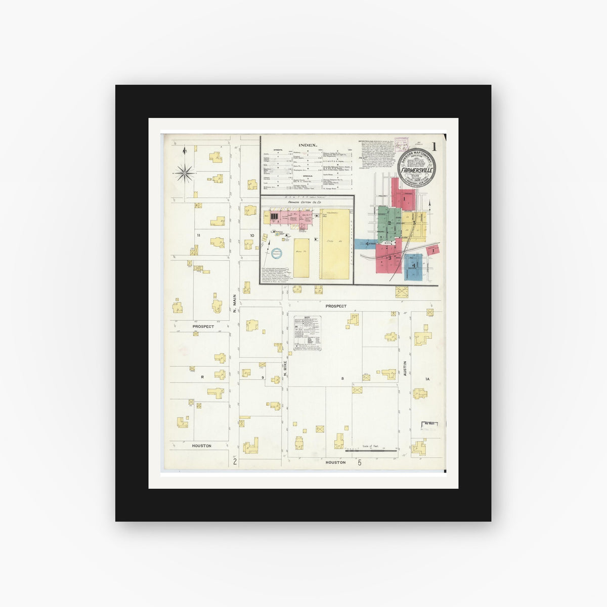 Old map wall art mockup — black gallery frame with white mat — Sanborn Fire Insurance Map from Farmersville, Collin County, Texas (1908) - Complete Map Set