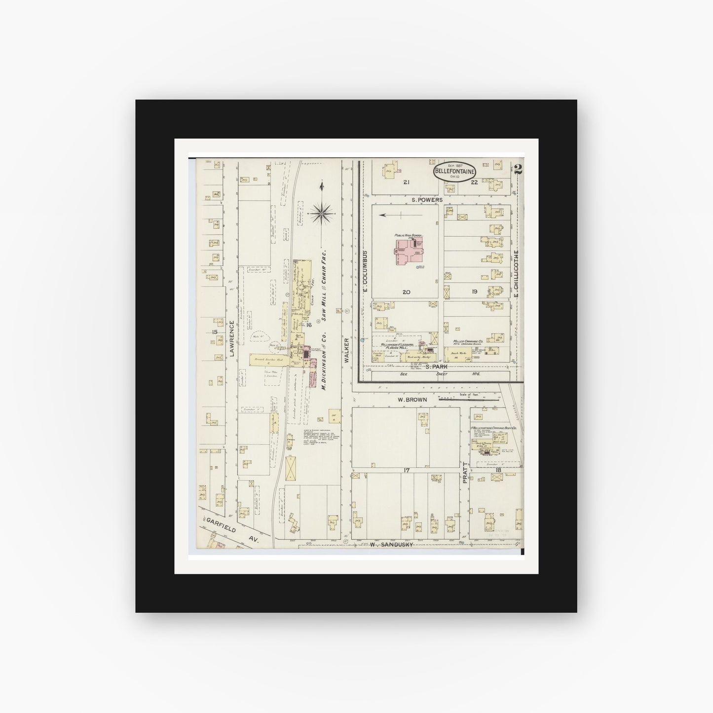 Old map wall art mockup — black gallery frame with white mat — Sanborn Fire Insurance Map from Bellefontaine, Logan County, Ohio (1887), Sheet #0002