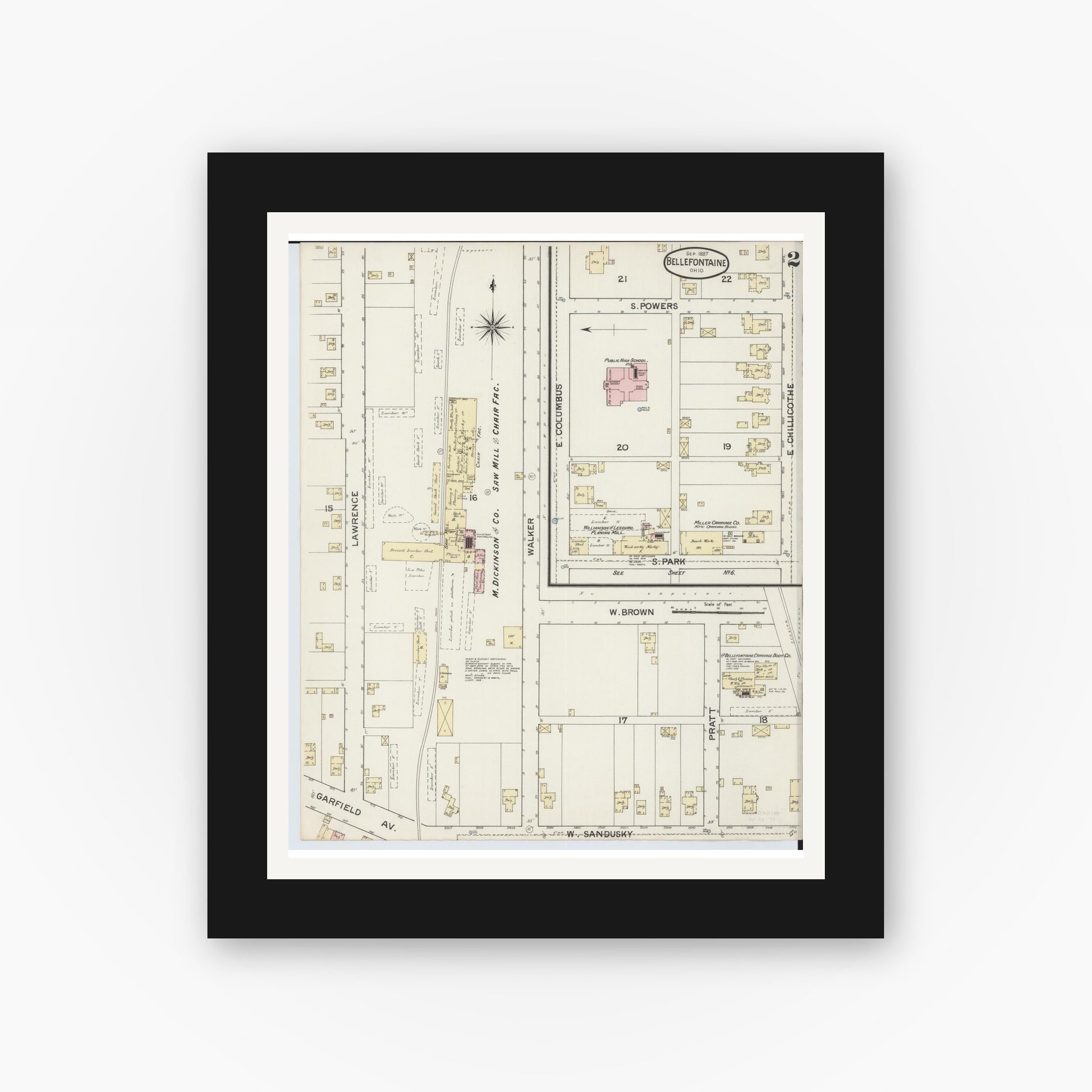 Old map wall art mockup — black gallery frame with white mat — Sanborn Fire Insurance Map from Bellefontaine, Logan County, Ohio (1887), Sheet #0002