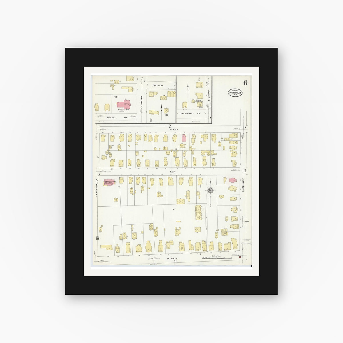 Old map wall art mockup — black gallery frame with white mat — Sanborn Fire Insurance Map from Norwich, Chenango County, New York (1910), Sheet #0006
