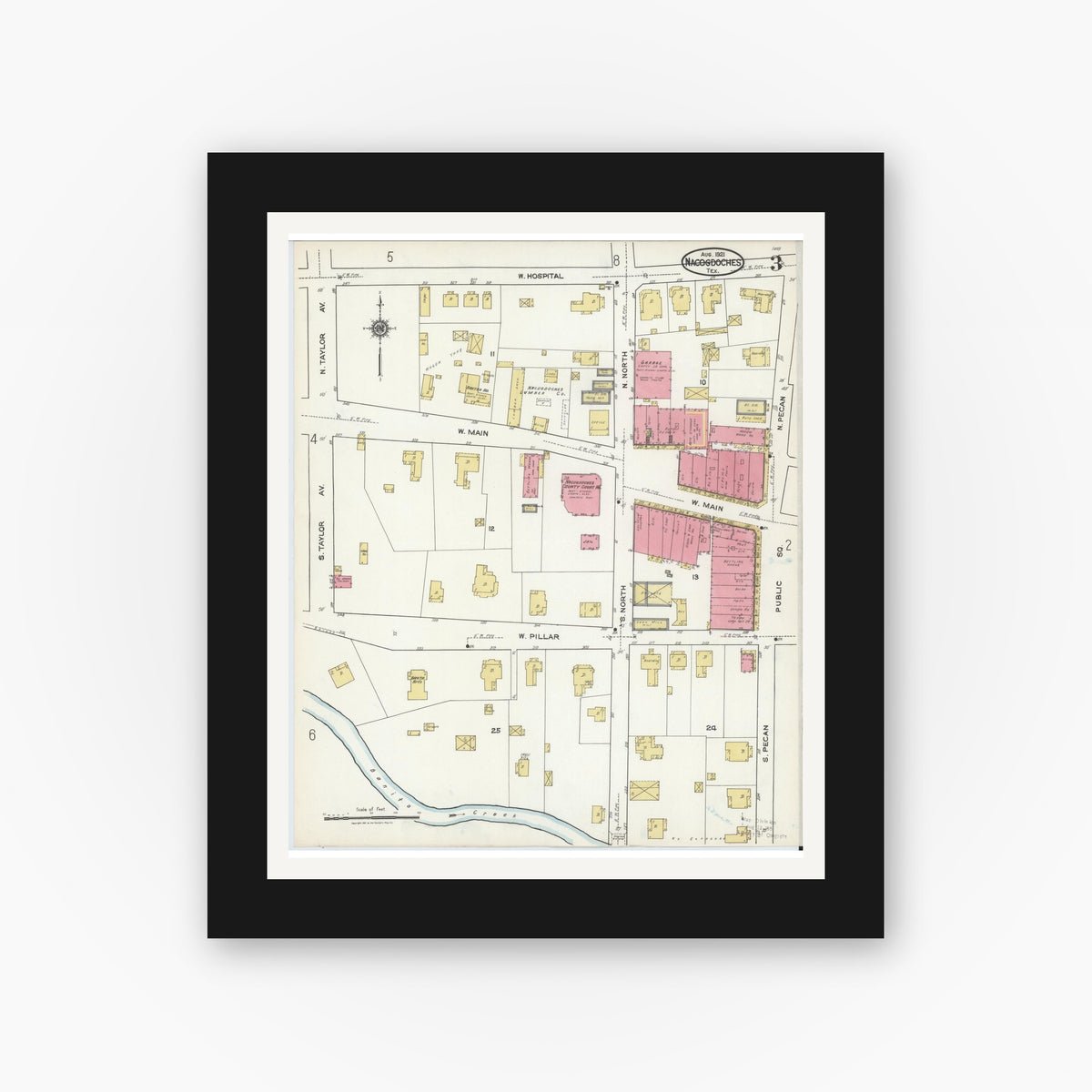 Old map wall art mockup — black gallery frame with white mat — Sanborn Fire Insurance Map from Nacogdoches, Nacogdoches County, Texas (1921), Sheet #0003