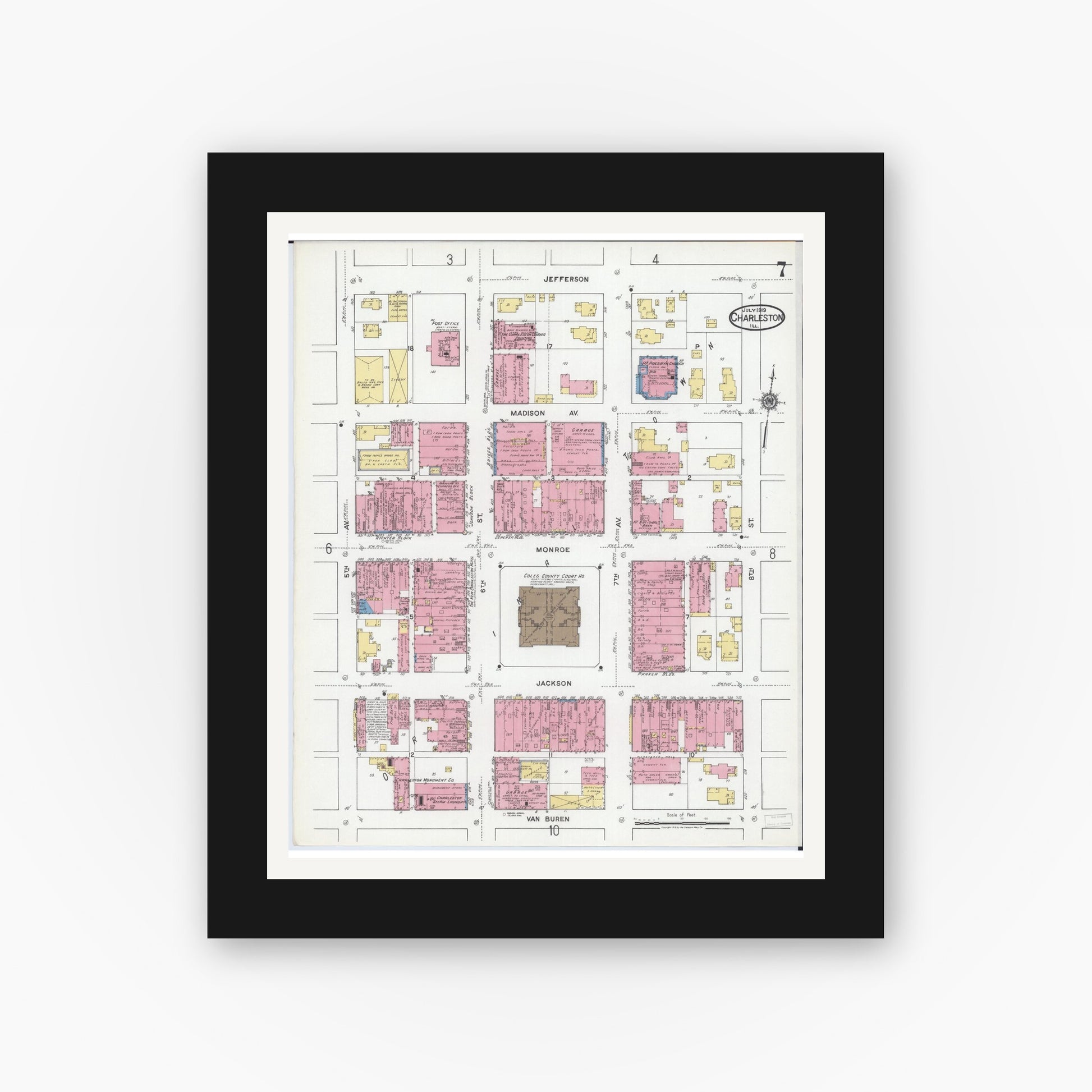 Old map wall art mockup — black gallery frame with white mat — Sanborn Fire Insurance Map from Charleston, Coles County, Illinois (1919), Sheet #0007