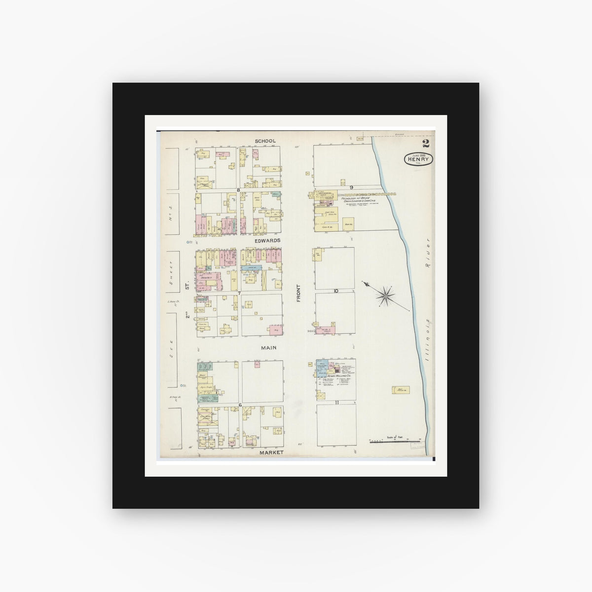 Old map wall art mockup — black gallery frame with white mat — Sanborn Fire Insurance Map from Henry, Marshall County, Illinois (1888), Sheet #0002