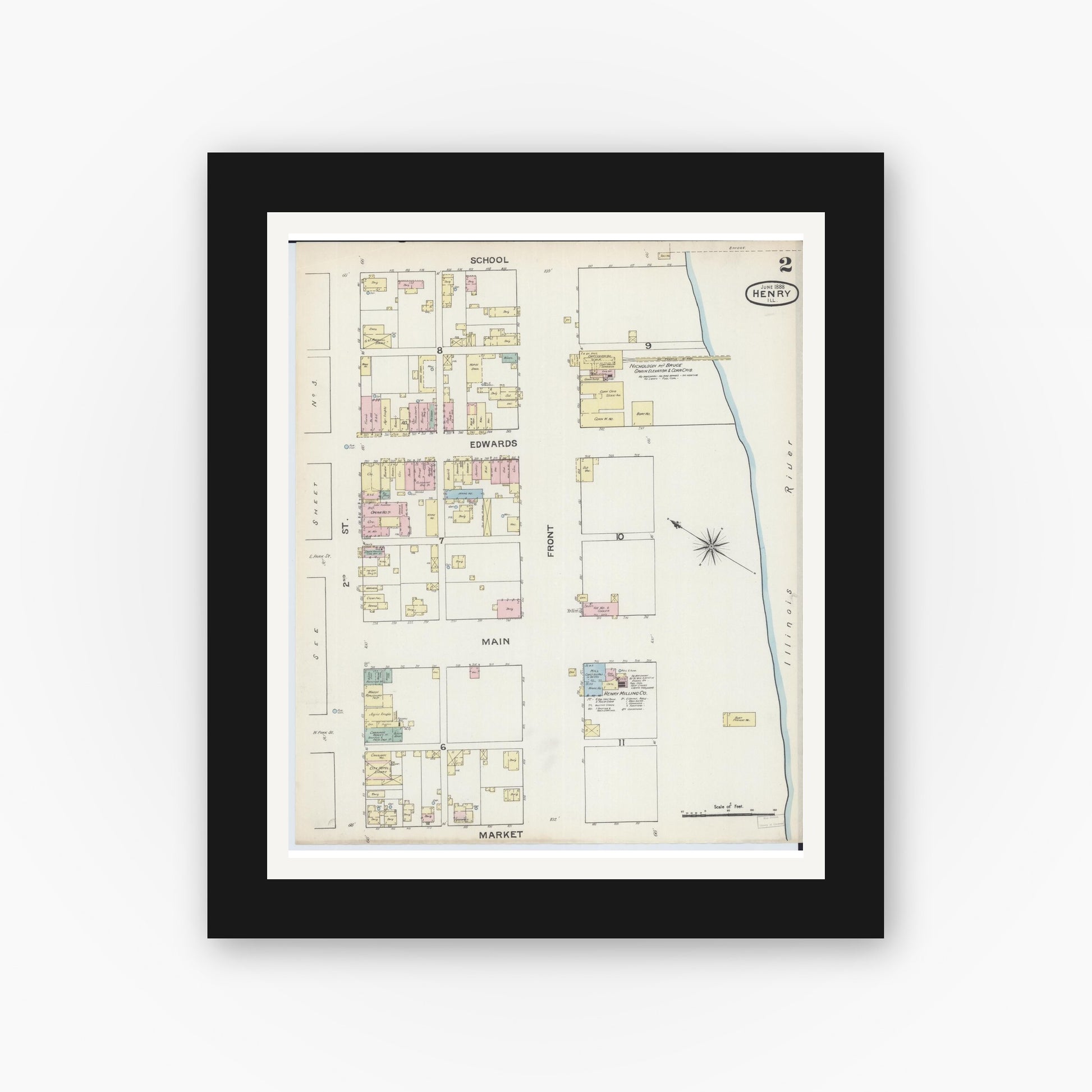 Old map wall art mockup — black gallery frame with white mat — Sanborn Fire Insurance Map from Henry, Marshall County, Illinois (1888), Sheet #0002
