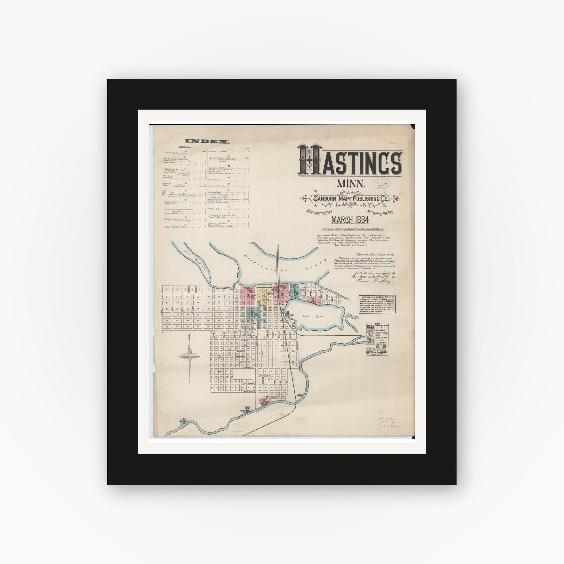 Old map wall art mockup — black gallery frame with white mat — Sanborn Fire Insurance Map from Hastings, Dakota County, Minnesota (1884) - Complete Map Set