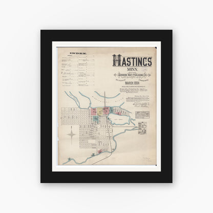 Old map wall art mockup — black gallery frame with white mat — Sanborn Fire Insurance Map from Hastings, Dakota County, Minnesota (1884) - Complete Map Set