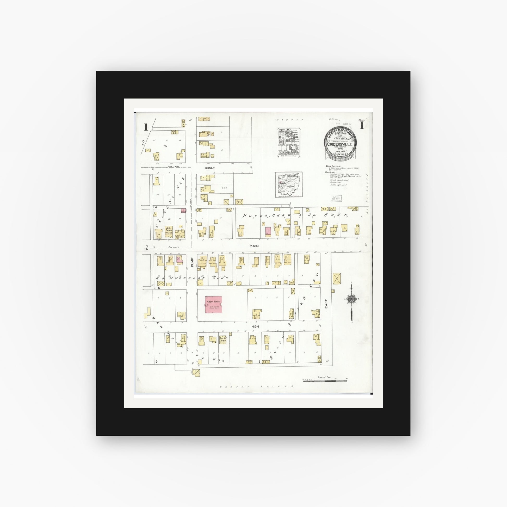 Old map wall art mockup — black gallery frame with white mat — Sanborn Fire Insurance Map from Cridersville, Auglaize County, Ohio (1923) - Complete Map Set