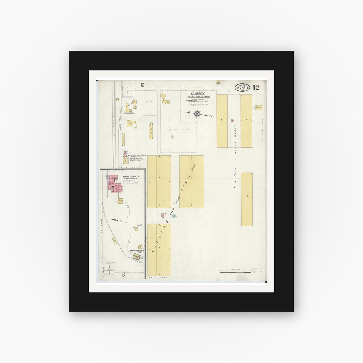 Old map wall art mockup — black gallery frame with white mat — Sanborn Fire Insurance Map from Morris, Grundy County, Illinois (1916), Sheet #0012