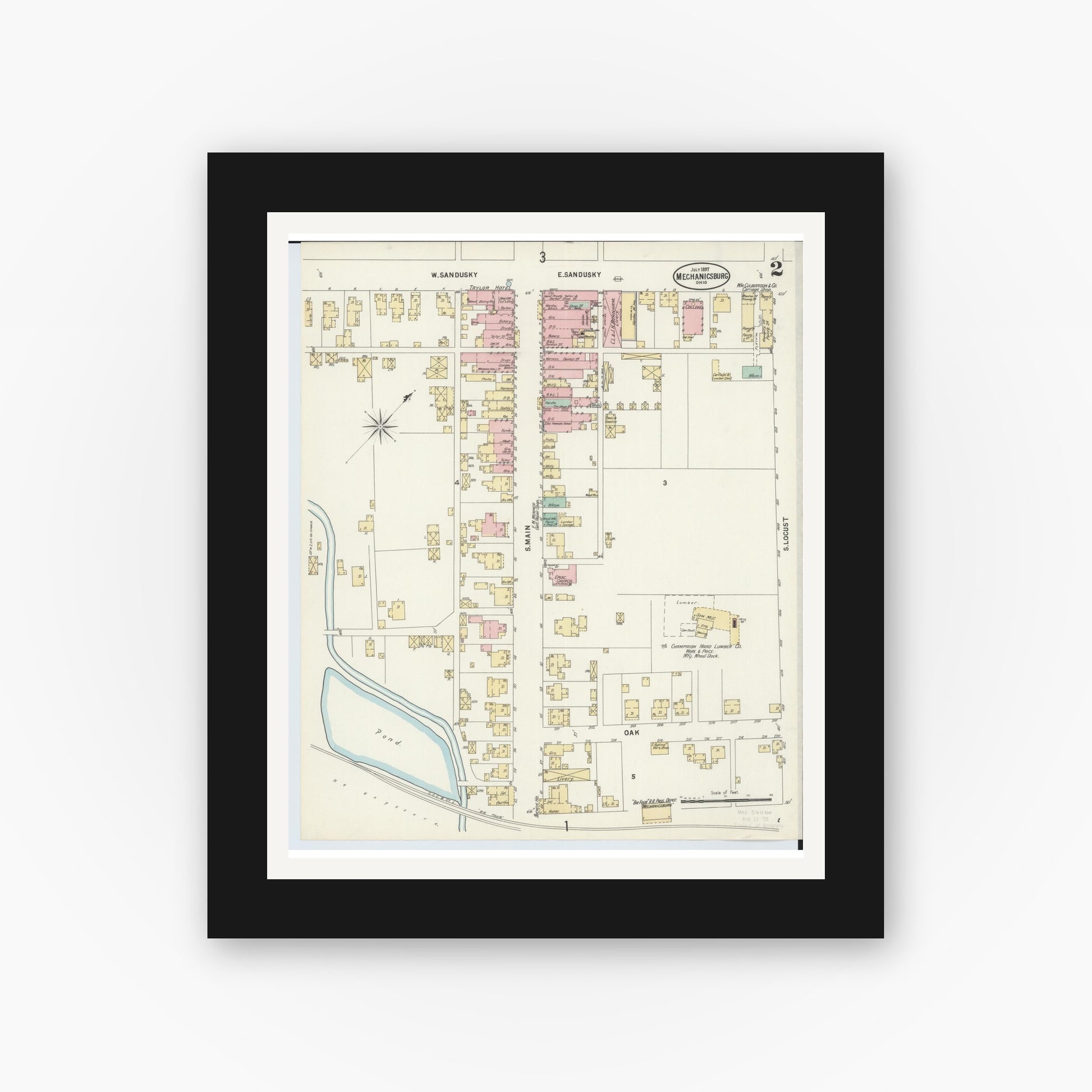 Old map wall art mockup — black gallery frame with white mat — Sanborn Fire Insurance Map from Mechanicsburg, Champaign County, Ohio (1897), Sheet #0002