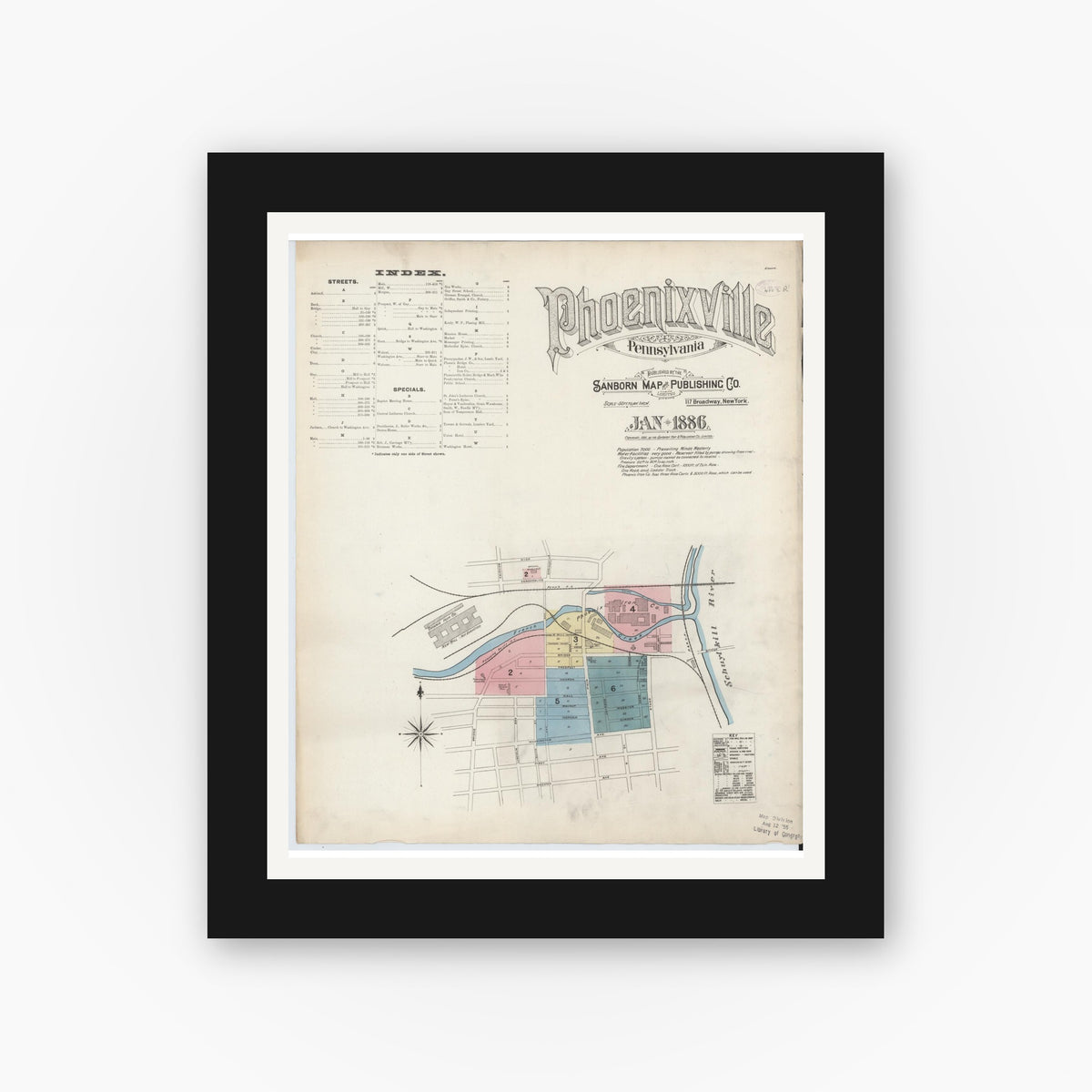 Old map wall art mockup — black gallery frame with white mat — Sanborn Fire Insurance Map from Phoenixville, Chester County, Pennsylvania (1886), Sheet #0001