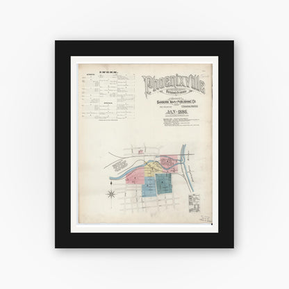 Old map wall art mockup — black gallery frame with white mat — Sanborn Fire Insurance Map from Phoenixville, Chester County, Pennsylvania (1886), Sheet #0001