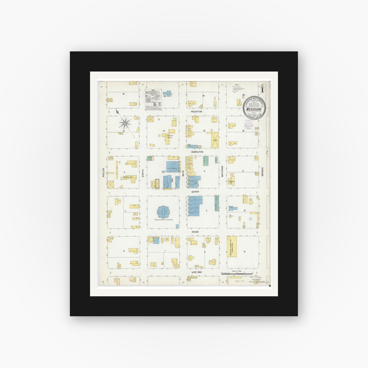 Old map wall art mockup — black gallery frame with white mat — Sanborn Fire Insurance Map from Meridian, Bosque County, Texas (1903), Sheet #0001