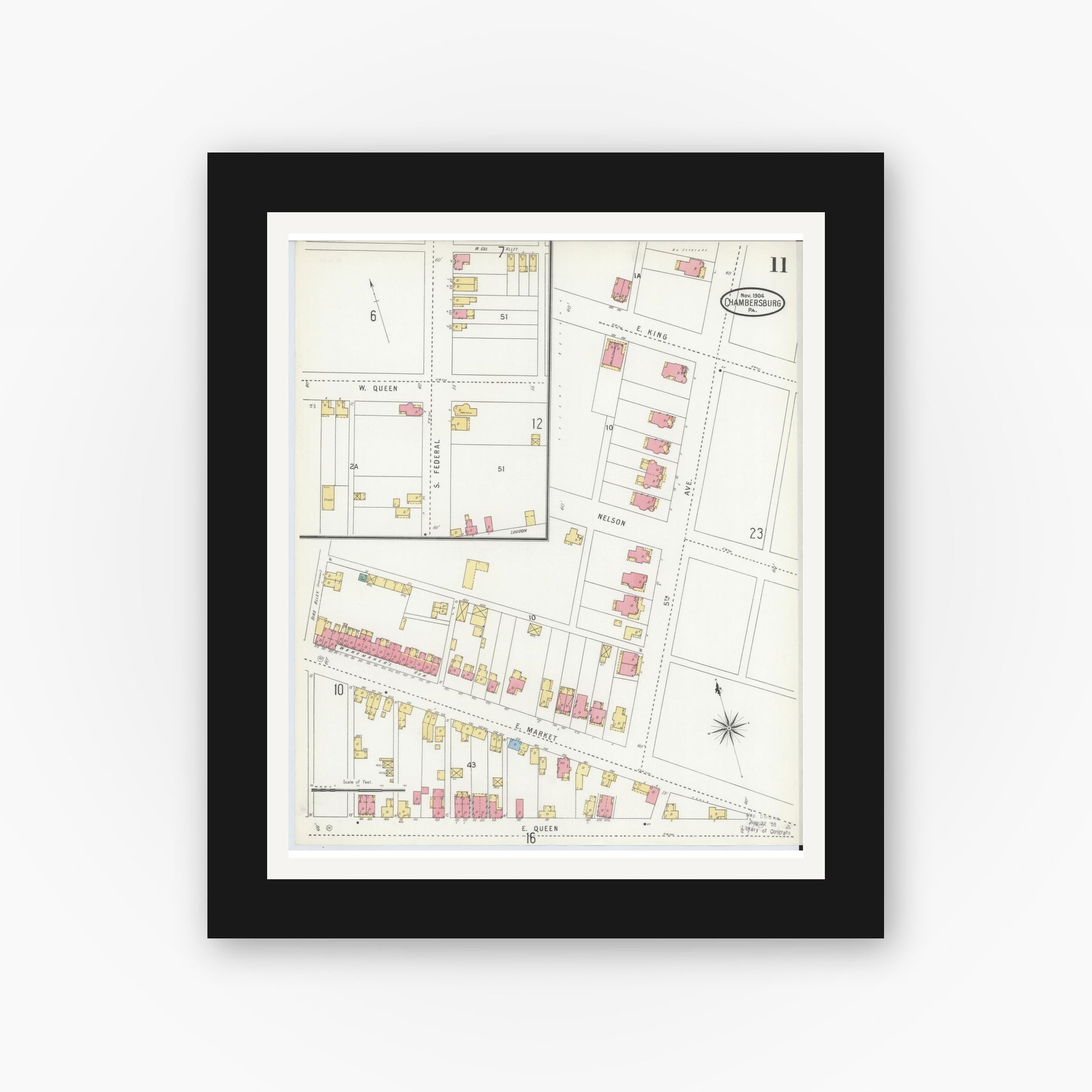 Old map wall art mockup — black gallery frame with white mat — Sanborn Fire Insurance Map from Chambersburg, Franklin County, Pennsylvania (1904), Sheet #0011