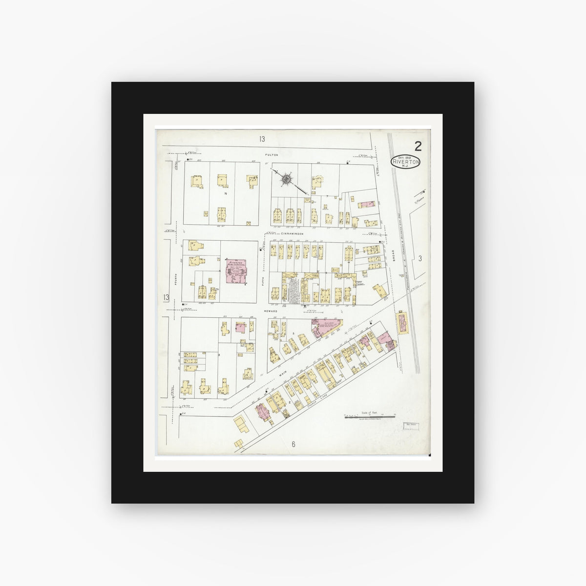 Old map wall art mockup — black gallery frame with white mat — Sanborn Fire Insurance Map from Riverton, Burlington County, New Jersey (1919) - Complete Map Set