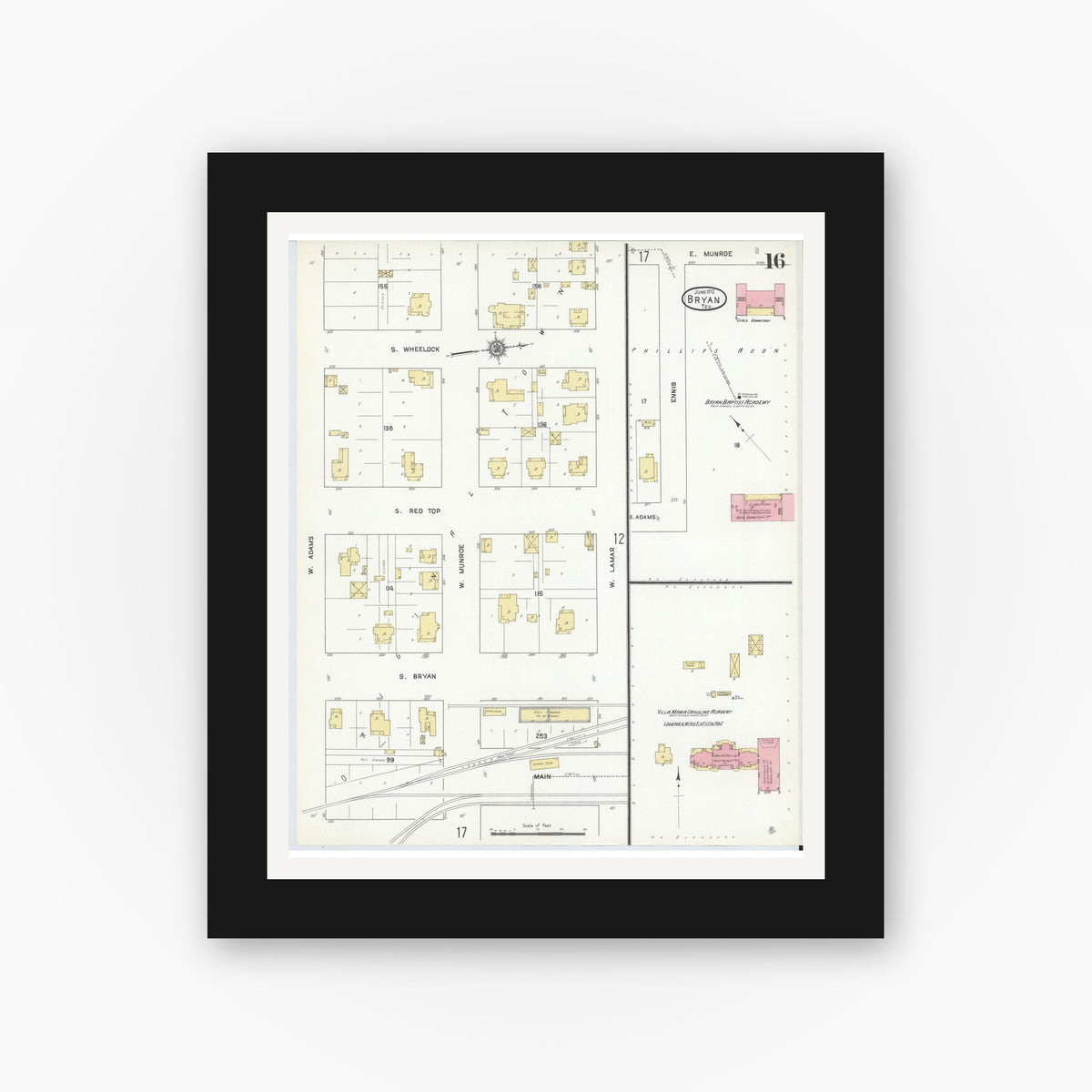 Old map wall art mockup — black gallery frame with white mat — Sanborn Fire Insurance Map from Bryan, Brazos County, Texas (1912), Sheet #0016