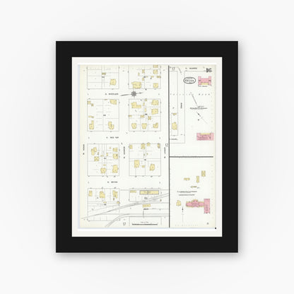 Old map wall art mockup — black gallery frame with white mat — Sanborn Fire Insurance Map from Bryan, Brazos County, Texas (1912), Sheet #0016