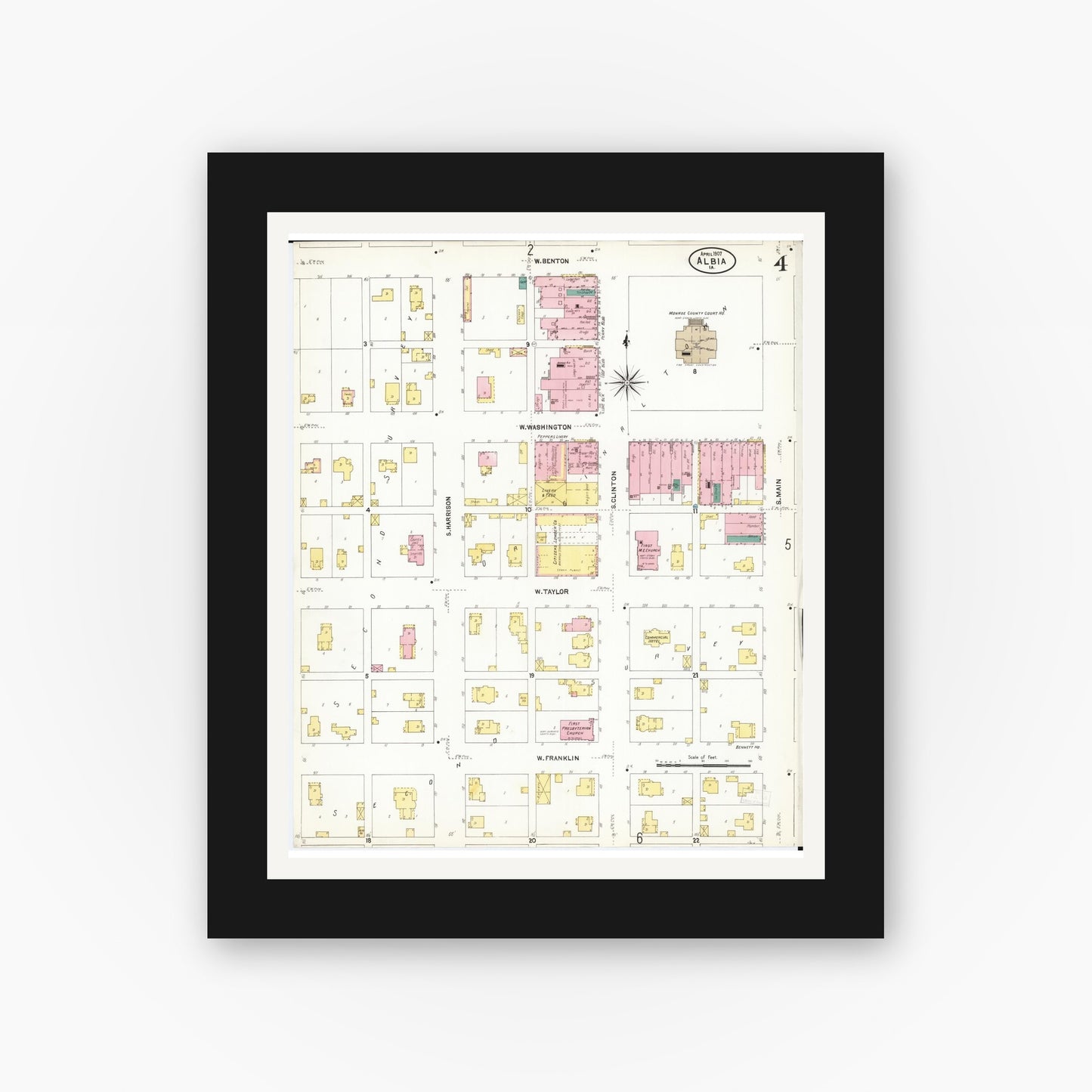 Old map wall art mockup — black gallery frame with white mat — Sanborn Fire Insurance Map from Albia, Monroe County, Iowa (1907), Sheet #0004