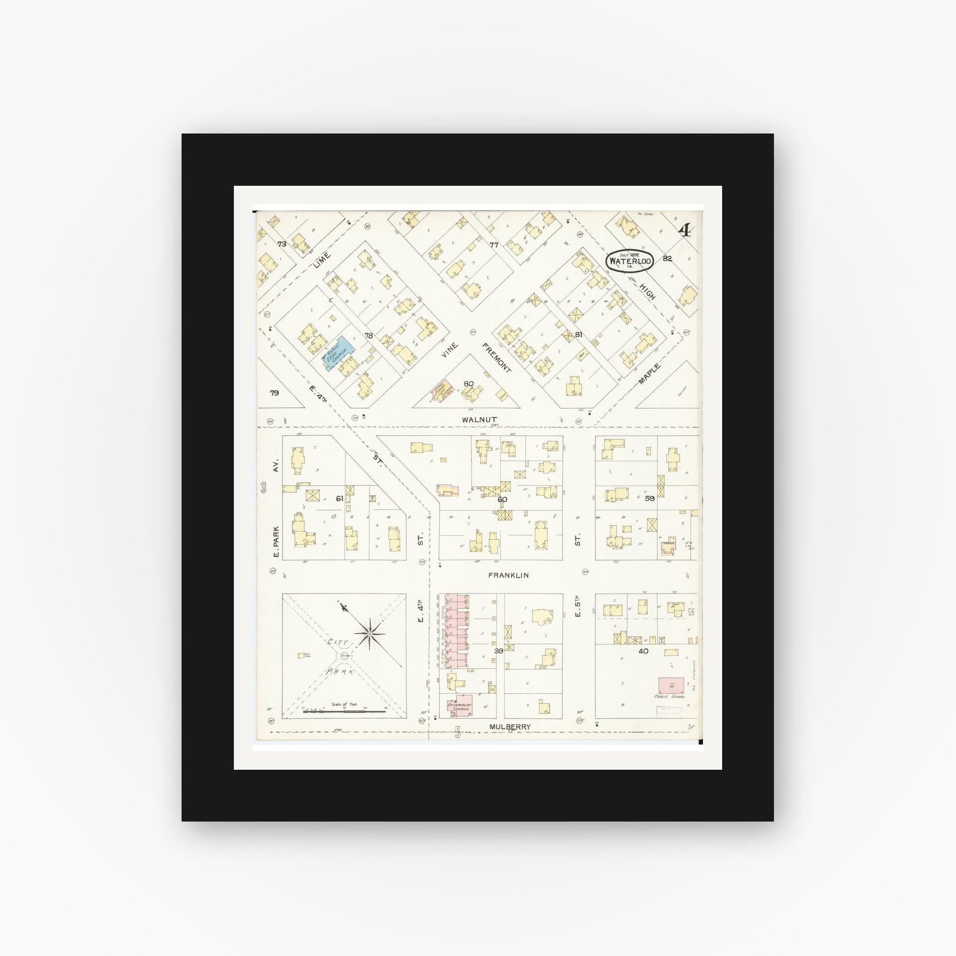 Old map wall art mockup — black gallery frame with white mat — Sanborn Fire Insurance Map from Waterloo, Black Hawk County, Iowa (1892), Sheet #0004