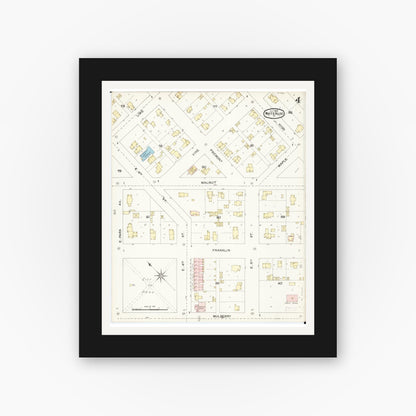 Old map wall art mockup — black gallery frame with white mat — Sanborn Fire Insurance Map from Waterloo, Black Hawk County, Iowa (1892), Sheet #0004