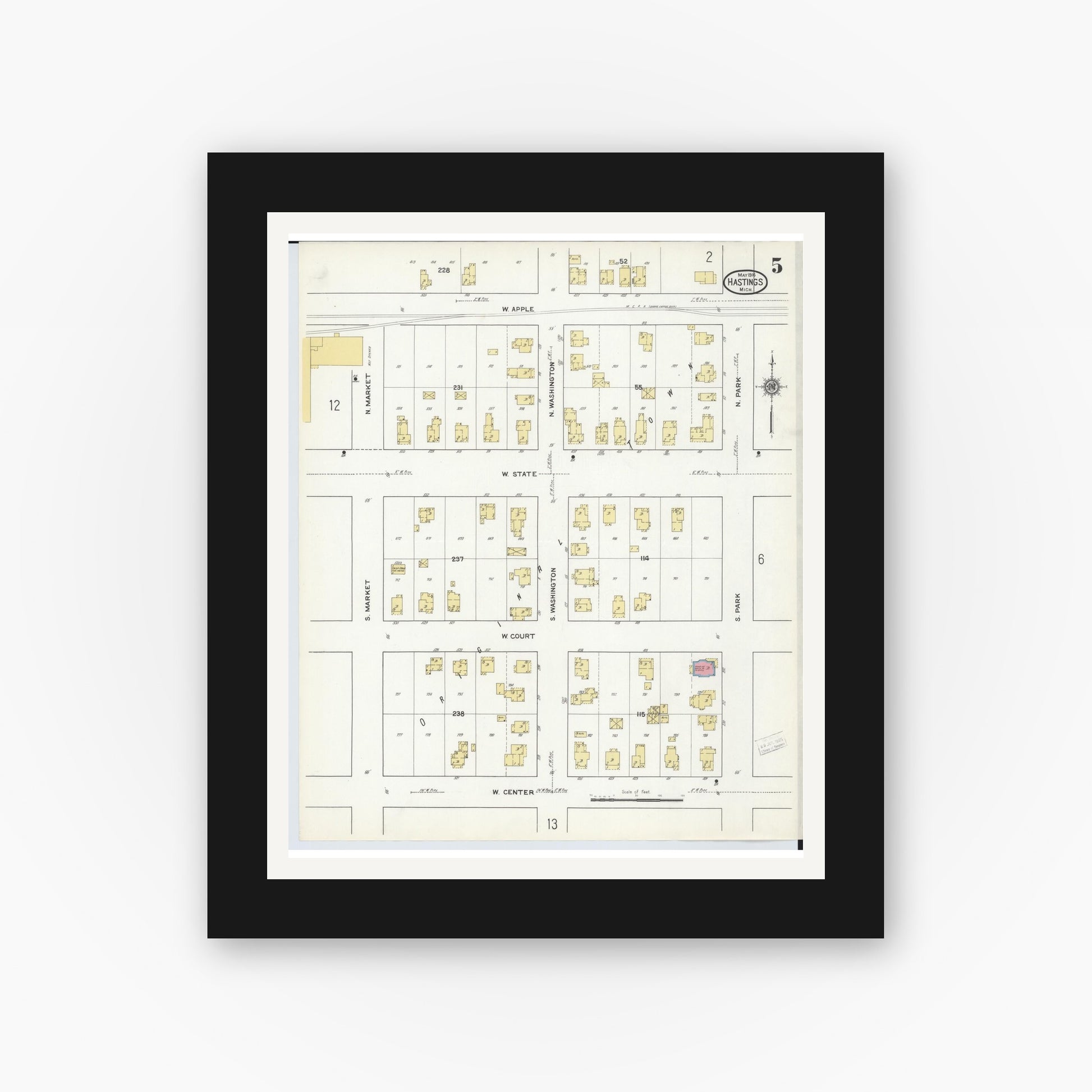 Old map wall art mockup — black gallery frame with white mat — Sanborn Fire Insurance Map from Hastings, Barry County, Michigan (1916), Sheet #0005